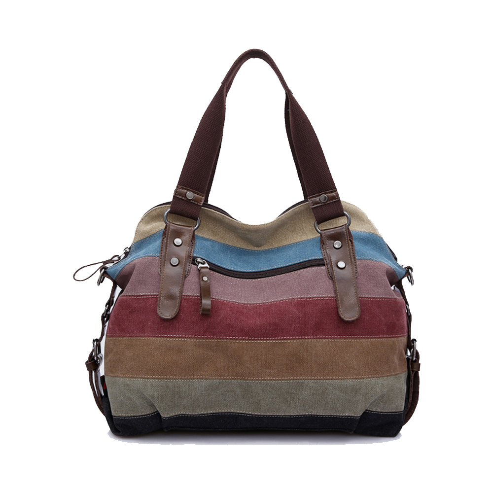 Large-Capacity Women's 2022 Shoulder Tote Bag Color Striped Canvas Casual Handbag Top Handle Bags Multi-Function Messenger Bag
