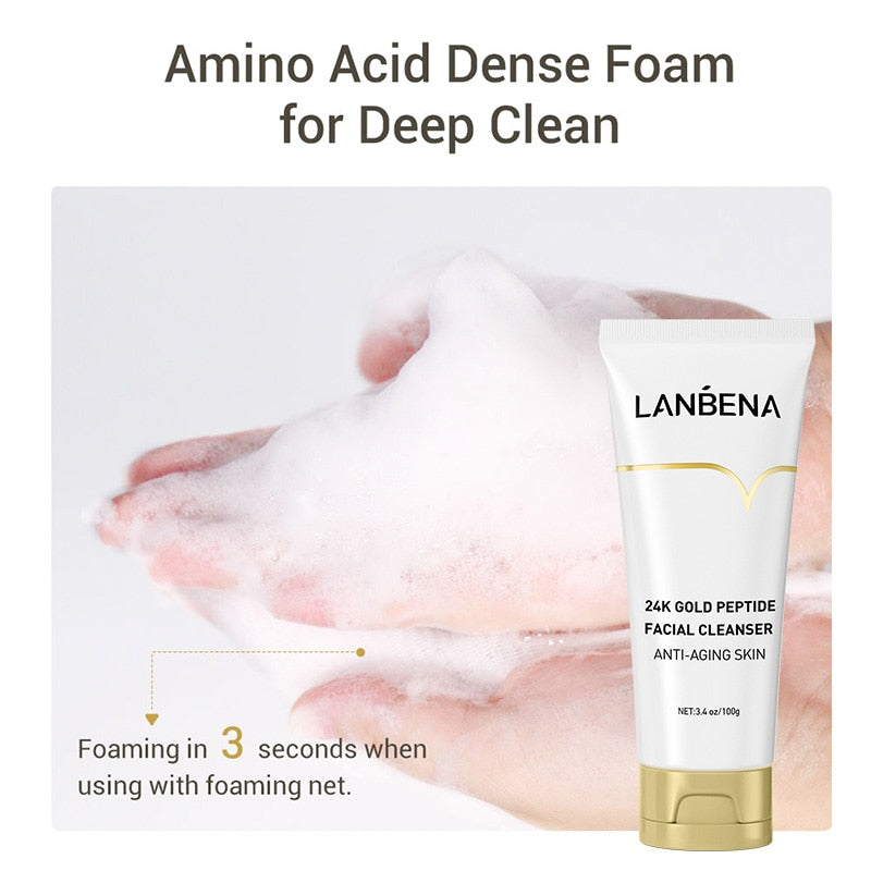 LANBENA 24K Gold Anti Aging Set Peptide Foam Facial Cleanser Bright Serum Beauty Face Cream Original Toner Fresh Eye Serum 5Pcs