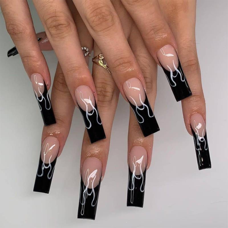 24pcs Black French False Nails Extra Long Fire Pattern Coffin Fake Nails with Glue Fingernail DIY Faux Ballerina Nail Art Tips