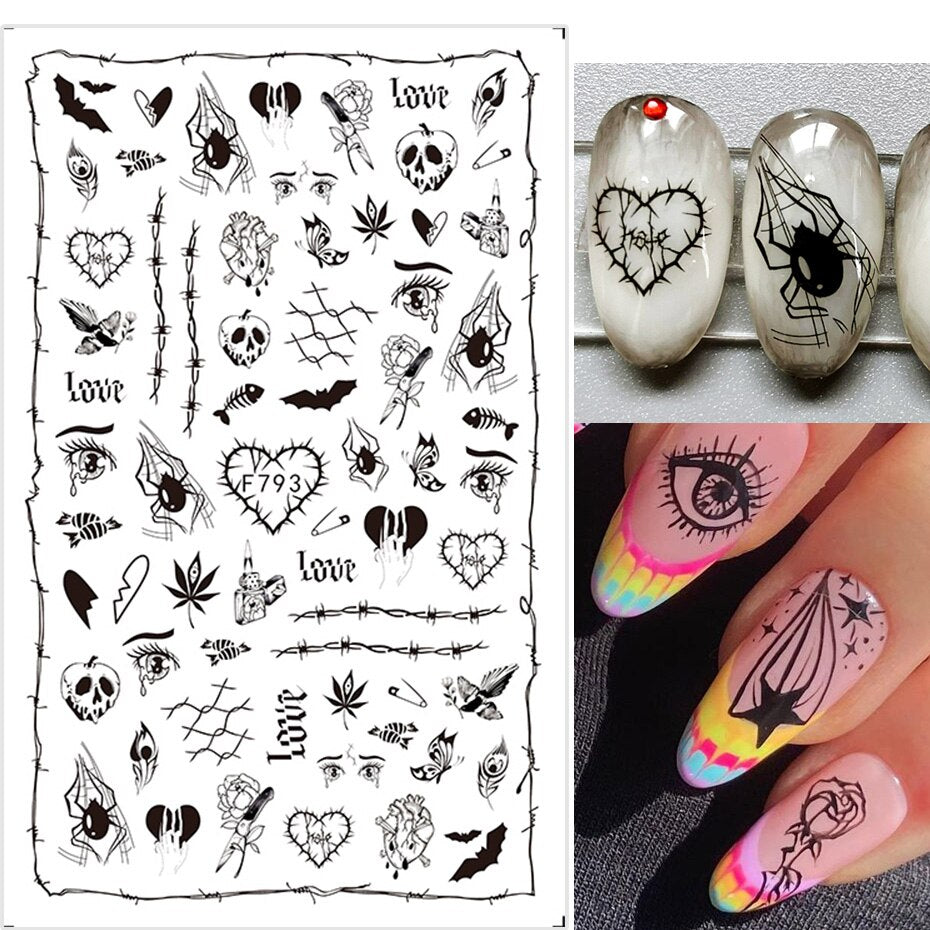 Beyprern Halloween Black Snake Nail Art Stickers Decals Gothic Halloween Design 3D Adhesive Sliders For Nails Tattoo Foils Decors Manicure TRF792-1