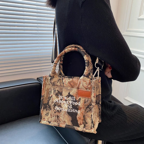 New Casual Printing Embroidery Small Canvas Handbag for Women 2022 Winter Trends Crossbody Shoulder Bag Lady Totes Designer