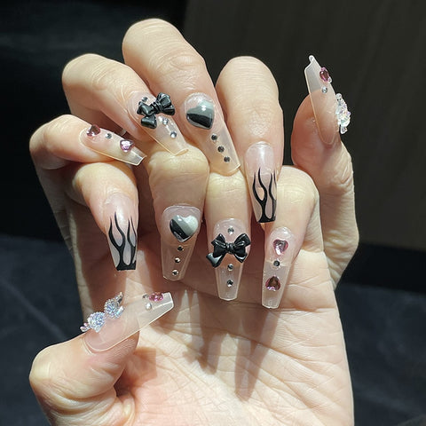 Colorful Deer Pattern False Nails With Rhinestone White Black Heart Decal Full Cover Fake Nails Long French Ballerina Nails