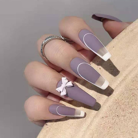 Pink Long Coffin Ballerina False Nails Simple Heart Transparent Bow Shiny Full Cover DIY Glue Press On Nails Detachable Tips