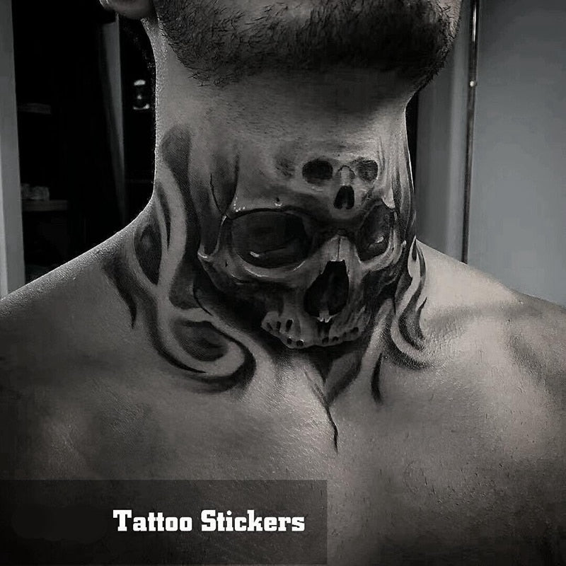 Beyprern Halloween New Skull Neck Tattoo Ephemere Man European And American Dark Tattoo Stickers Personality Cool Skull Waterproof Fake Tattoos Art
