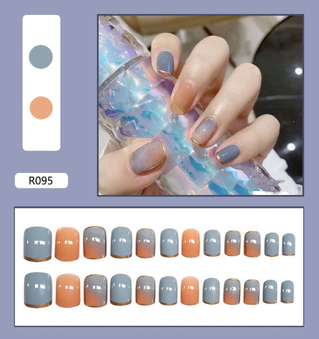 24pcs Short French False Nails With press Glue Type V Shape Orange Side Manicure Cross Color Full Cover Wearable Coffin Nail