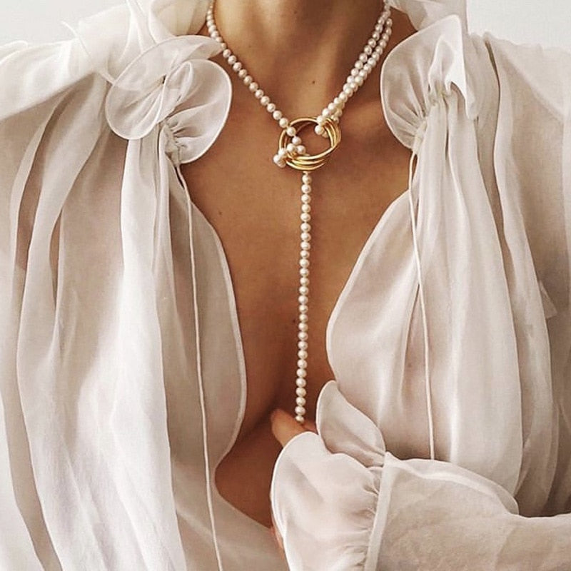 DIEZI  Imitation Pearls Sweater chain Long Necklaces Choker Necklaces Women ladies Statement Collar Party Gift Jewelry Fashion