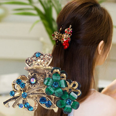 Vivid Flower Hair Claws for Women Vintage Hair Jewelry Charm Big Rhinestone Crystal Crab Clip Wedding Hair Accessories Hairpin