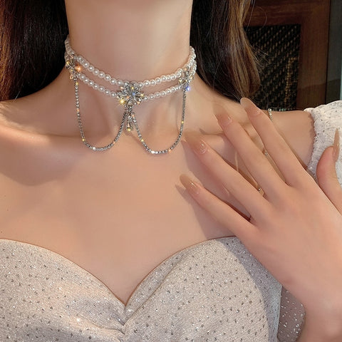 Korean Palace Style Elgant Multilayer Pearl Choker  For Women Fashion Flower Crystal Necklace Wedding Party Jewelry