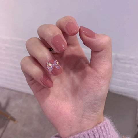 Delicate Kawaii Butterfly Reusable False Nail Solid Color Bow-knot Crystal Nail Artificial Tipsy Fake Nails with Jelly Gum