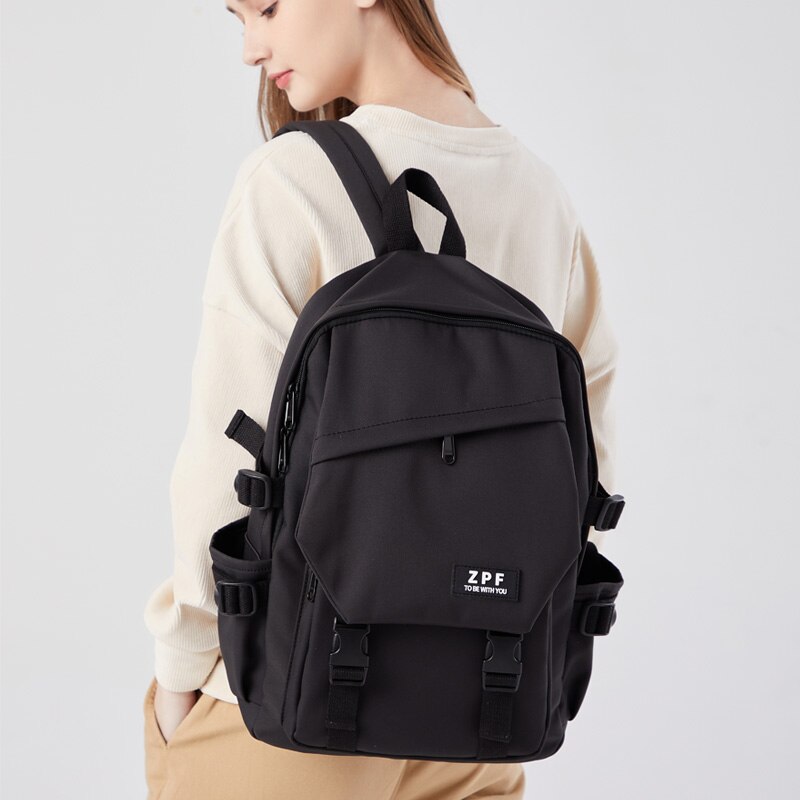 Solid Color Insert Buckle Waterproof Nylon Women Backpack Female High Quality Travel Bag Lady Big Book Bag Black Girl Schoolbag