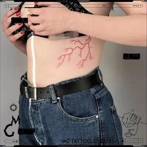Red Bloodline Lightning Temporary Tattoo Stickers Female Dark Waterproof Black Cool Personality Art Fake Tattoo Waist Arm Tattoo
