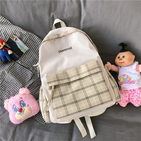 Preppy Style Panelled Waterproof Nylon Women Backpack Schoolbag For Teenage Girls Plaid Travel Bckpacks Female Lovely Book Bag