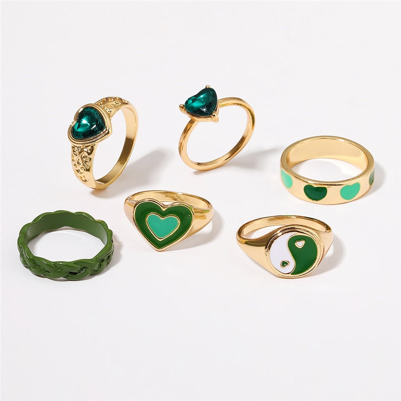 Beyprern Fashion Gold Color Geometric Heart Rings Set for Women Colorful Purple Green Color Resin Ring Wholesale Jewelry