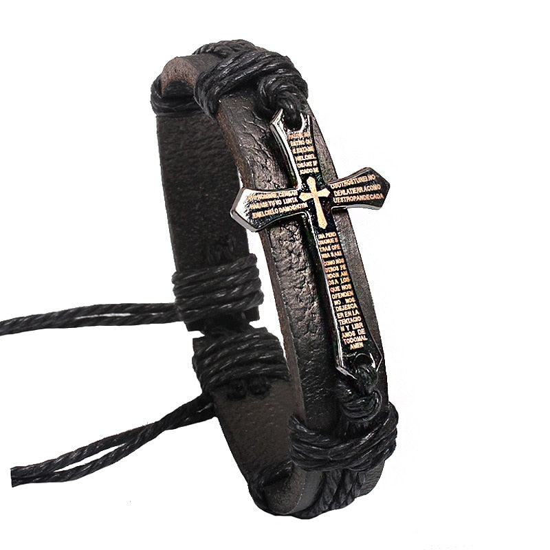 Beyprern New Fashion Men Jewelry Vintage Leather Bracelets & Bangles Metal Cross Jesus Bracelet Adjustable Wax Cord Brown Black