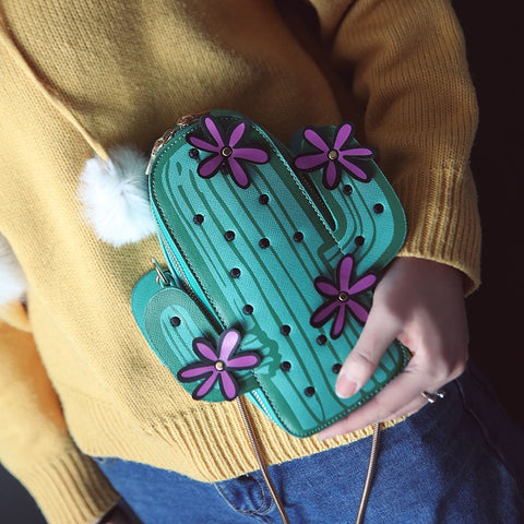 Women embroidery flowers mini chain shoulder bag cute green cactus shape bag flap small desinger crossbody bag for women