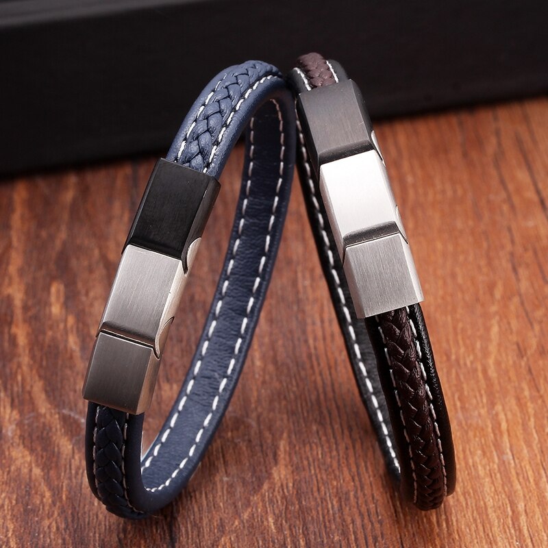 Simple Design Diy Male Chain Link Genuine Leather Bracelets High Quality Stainless Steel Men Women Charm Cuff Bangles