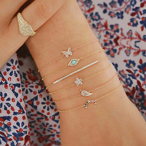 Beyprern Back To School New 6 Pcs/Set Punk Womenbutterfly Eye Star Moon Leaves Crystal Gem Shiny Gold Multilayer Chain Bracelet Set Party Jewelry Gifts