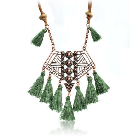DIEZI Bohemian Geometry Wool Tassels Pendant Necklace 7 Colors Pink Ethnic Sweater Chain Fringed Chokers Necklace Jewelry