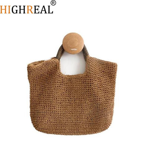 HIGHREAL New Hot Rattan Bags Bohemia 100% Handmade Straw Handbags Millettia Handle Knitted Summer Tote Wicker Bags Dropship