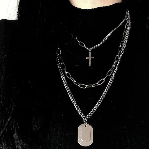 DIEZI Fashion Multilayer Silver Color Metal Chain Cross Necklace Couple Hip Hop Punk Geometric Pendant Necklaces for Women Men