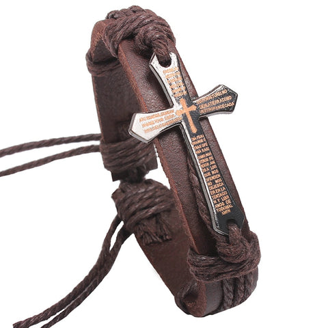 Beyprern New Fashion Men Jewelry Vintage Leather Bracelets & Bangles Metal Cross Jesus Bracelet Adjustable Wax Cord Brown Black