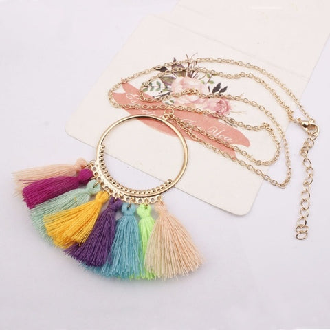 DIEZI Bohemian Geometry Wool Tassels Pendant Necklace 7 Colors Pink Ethnic Sweater Chain Fringed Chokers Necklace Jewelry