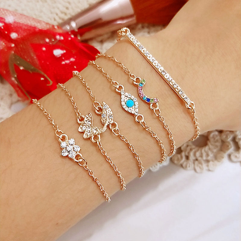Beyprern Back To School New 6 Pcs/Set Punk Womenbutterfly Eye Star Moon Leaves Crystal Gem Shiny Gold Multilayer Chain Bracelet Set Party Jewelry Gifts
