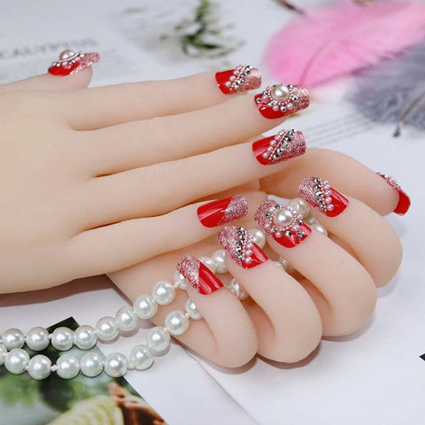 24Pcs/back with glue 3D Bling fake nails press on Jewelry Glitter Rhinestone Decor Nail Tips Red Fake Nails for women