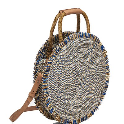 Round Straw Beach Bag Vintage Handmade Woven Shoulder Bag Raffia Circle Rattan Bags Bohemian Summer Vacation Casual Bags