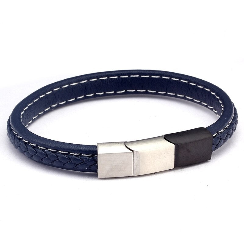 Simple Design Diy Male Chain Link Genuine Leather Bracelets High Quality Stainless Steel Men Women Charm Cuff Bangles