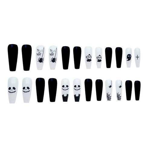 24Pcs Halloween Style False Nails Punk black and white Pattern Detachable Long Coffin Press On Nails Full Cover Fake Nail New