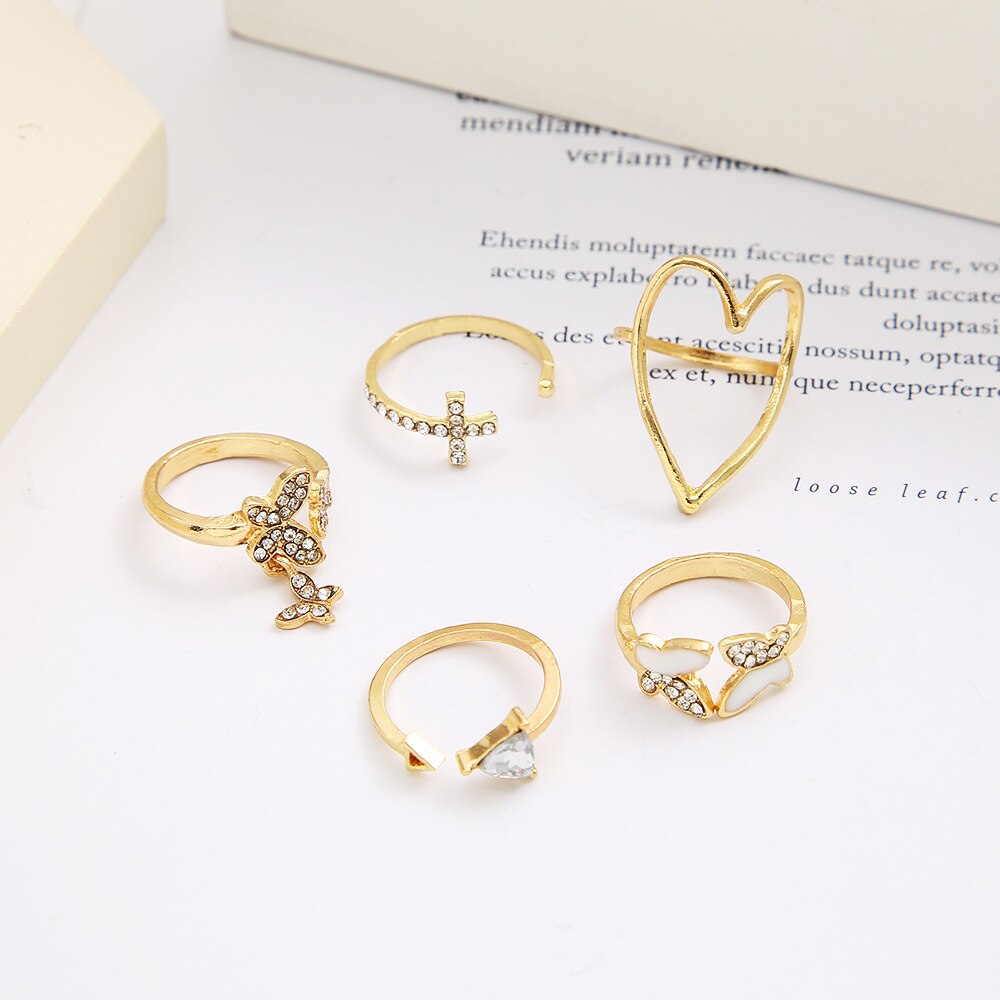 Fashion Crystal Butterfly Cross Fidget Ring Women's Rings Set Trend Hollow Heart Leaf Adjustable Rhinestones Jewelry Gift New