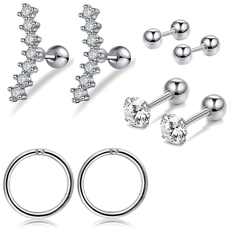 Stainless Steel Crystal Cartilage Piercing Earring Set Small Stud Earring For Tragus Piercing Helix Earring Conch Rook Jewelry