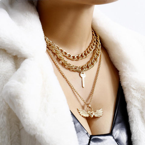 DIEZI 2019 Fashion Multilayer Lock Key Wing Gold Color Chain Necklace Punk Link Chain Pendant Choker Necklace For Women Jewelry
