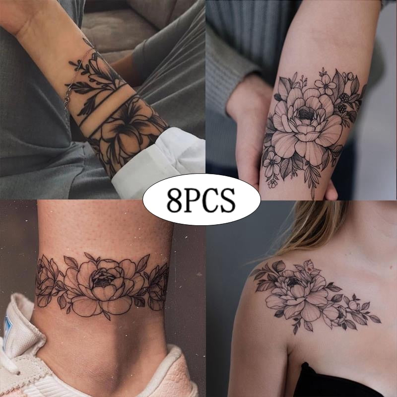 8PCS Black Flowers Temporary Tattoo Stickers For Arm Waist Ankle Sexy The sketch flowers Fake Tattos Flash Decals Tatoos