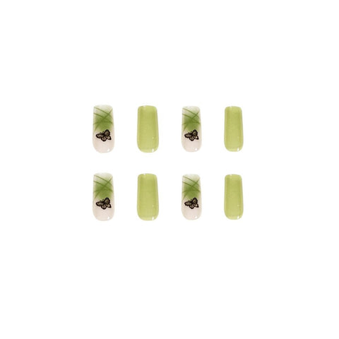 Wearable Square Head Fake Nails Detachable Summer green Butterfly pattern design False Nails Full Cover Nail Tips Press On Nails