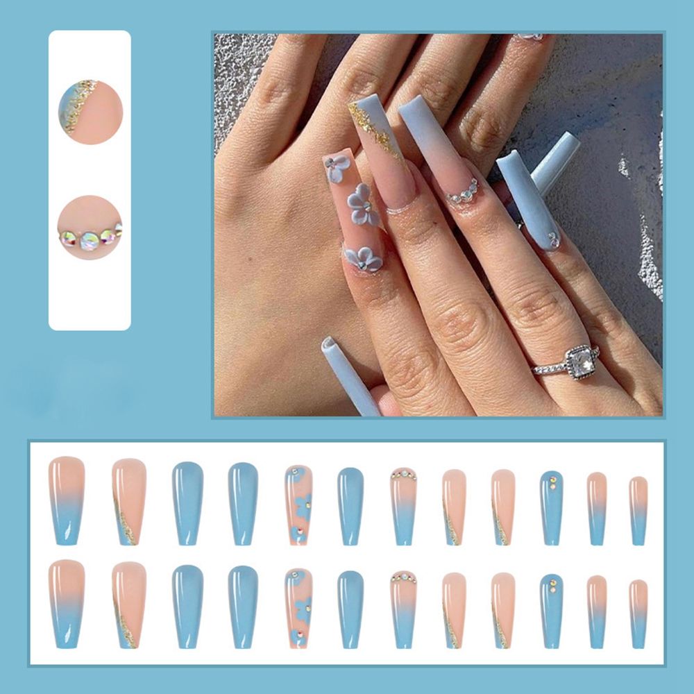 Beyprern 24pcs French False Nails Detachable Gradient Blue Flower Wedding Bride Ballerina Nail Art Tips with Glue Long Coffin Fake Nails