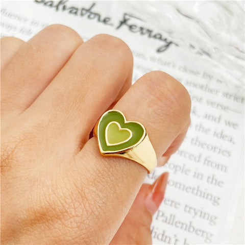 17KM Trendy Love Green Heart Rings Set for Women Couples Sweet Colorful Acrylic Resin Heart Chain Couple Ring Wholesale Jewelry