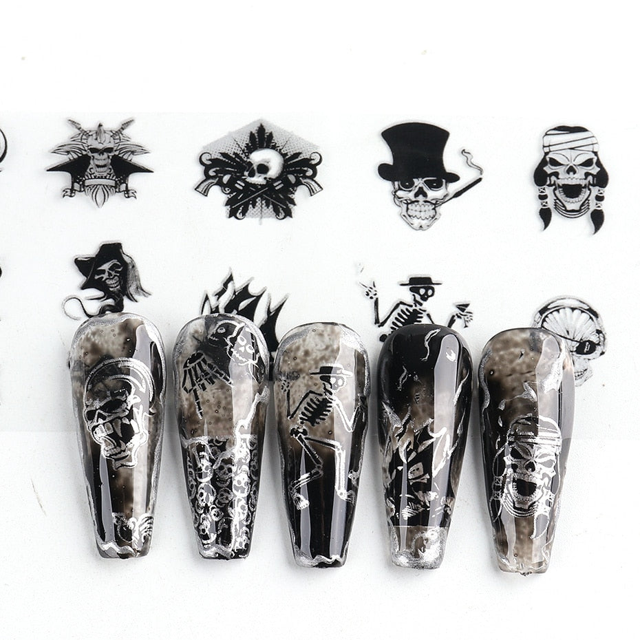Beyprern Halloween 10Pcs Black Skull Design Foils Nail Art Sticker Transfer Decal Slider Gel Polish Adhesive Paper Wraps Manicure Decoration TR2102