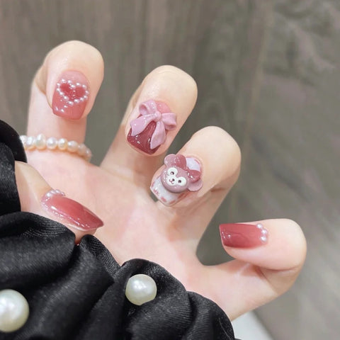 Press on False with Designs Set Cartoon Animal Decal Fake Nails Art Heart Point Full Cover Artificial Short Nail Tips Z163