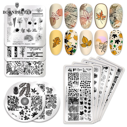 Beyprern Christmas Gift BORN PRETTY Stamping Plates Fall Maple Leaves Image Nail Art Template Nail Design Stainless Steel Autumn Theme Nail Art Tools