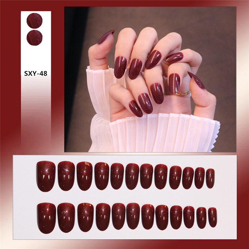 Fake Nails With Glue Jelly Nail Piece 24 Pcs Adhesive Round/flat/pointed Tip Manicure Patch With Decor False Nails Nail Patch Tn