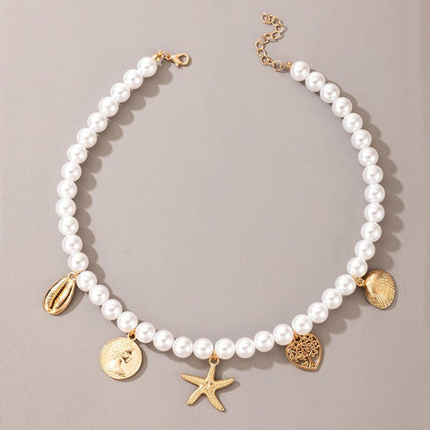 DIEZI Korean Imitation Pearl Statement Necklace For Women Shell Carved Coin Heart Starfish Human Head Pendant Necklaces Jewelry