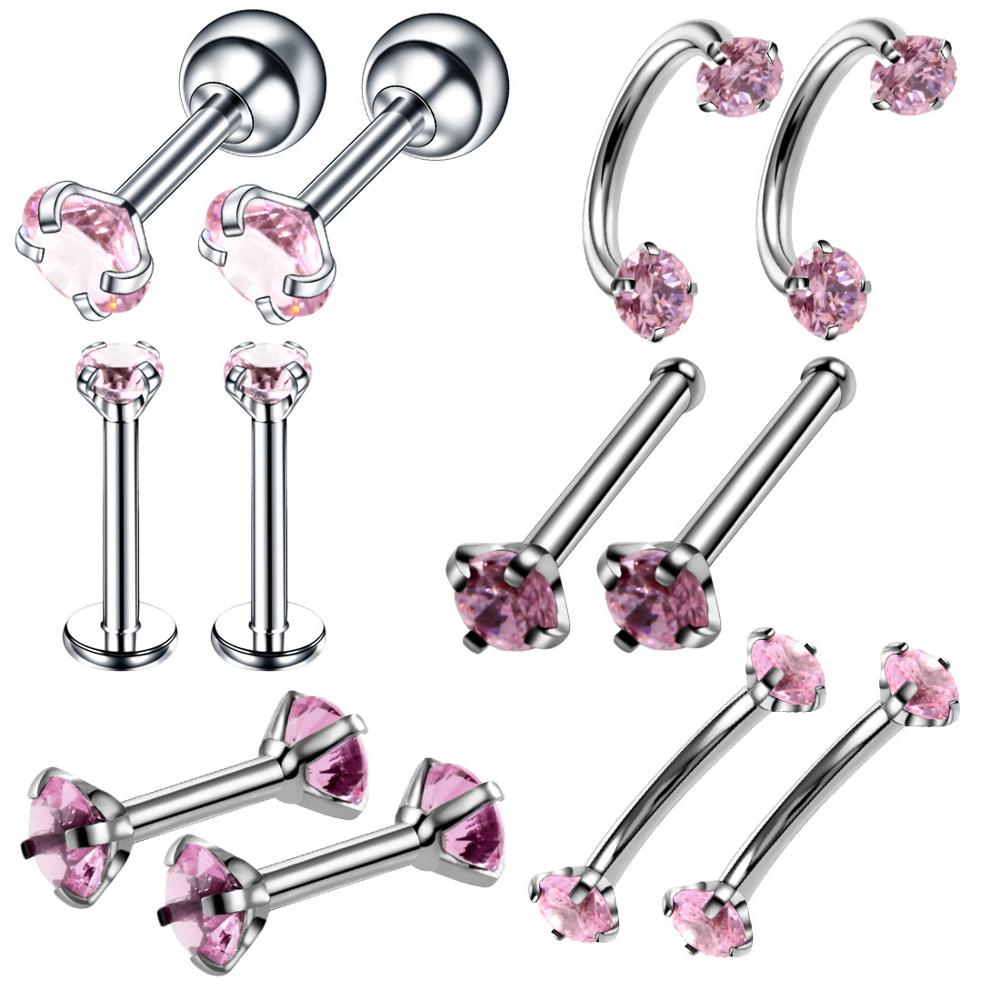 Beyprern 12Piece Surgical Steel Crystal Labret Piercing Set Eyebrow Piercing Lot Nose Stud Pack Horseshoe Piercing Tragus Earring Jewelry