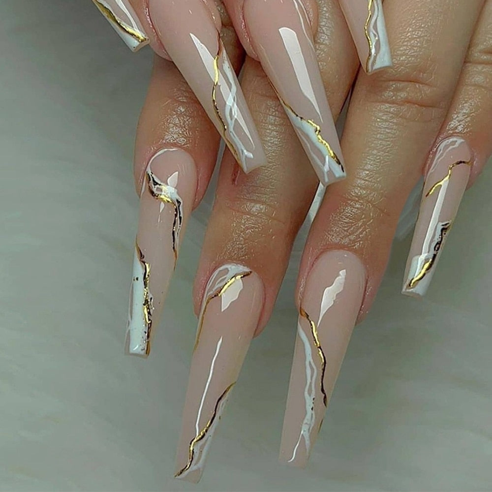 Easter  24pcs Press On Nails Nude Pink False Nails Long White Gold Line Decals Coffin Fake Nails Removable Ballerina Faux Nail Art Tips