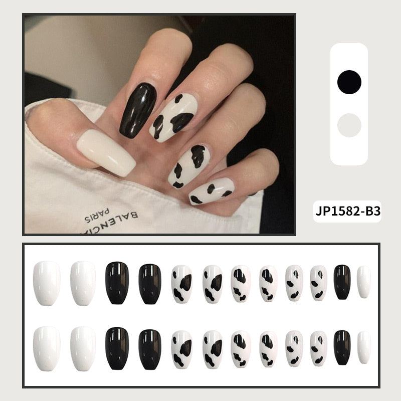 24Pcs/Box Charming Short Fake Nails for Women Wearable Sweet Leopard Full Cover Detachable Coffin Press On Nails