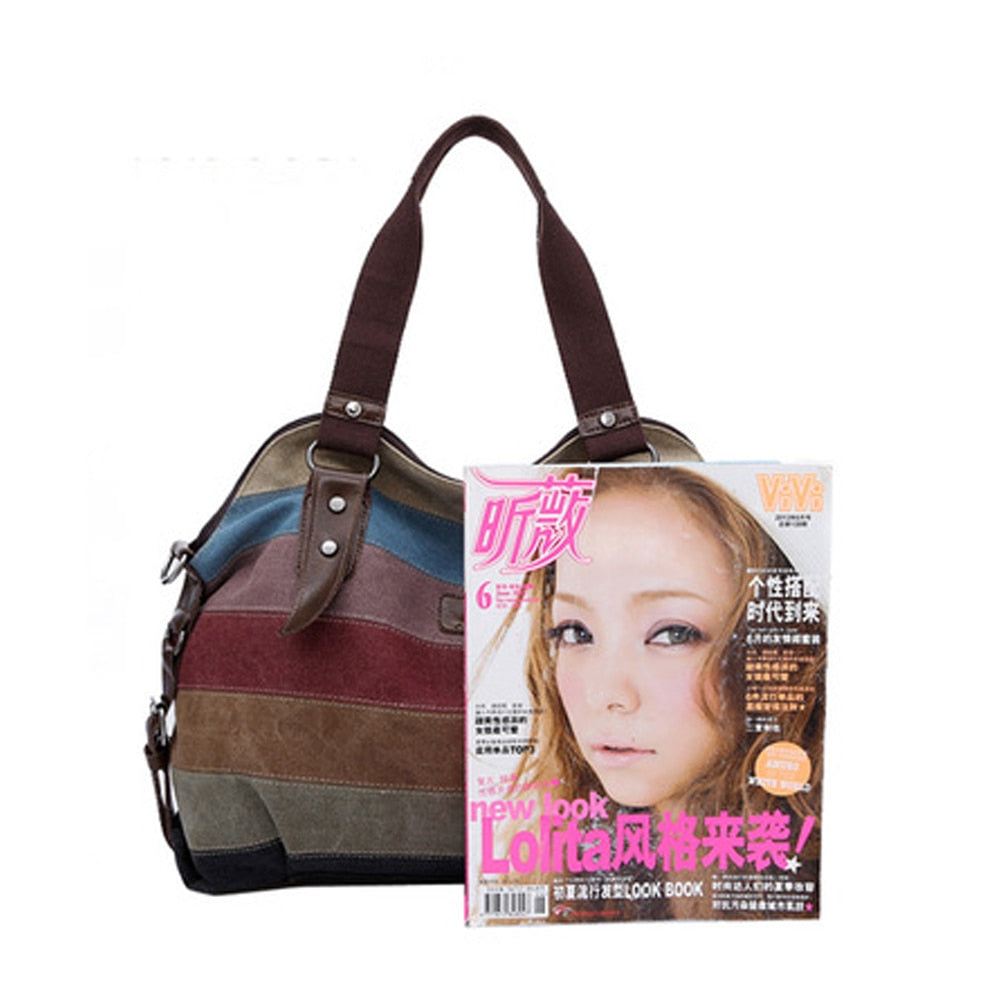Large-Capacity Women's 2022 Shoulder Tote Bag Color Striped Canvas Casual Handbag Top Handle Bags Multi-Function Messenger Bag