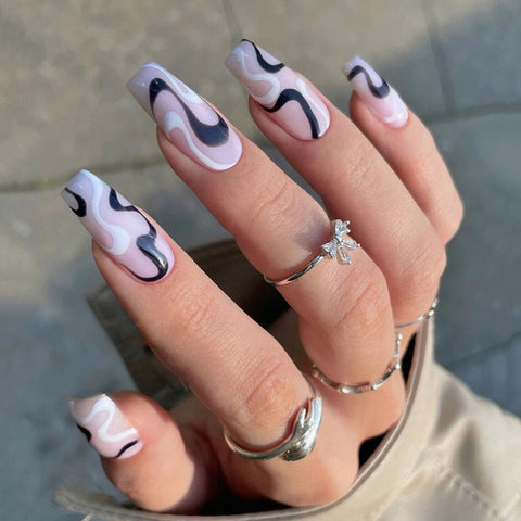 Colorful Deer Pattern False Nails With Rhinestone White Black Heart Decal Full Cover Fake Nails Long French Ballerina Nails