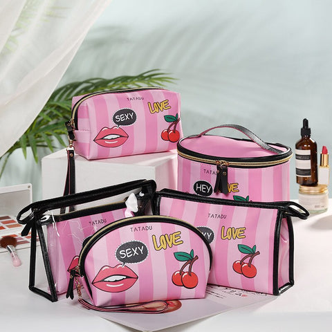 5Pcs/set PU Leather Women Cosmetic Bag Multifunction Travel Toiletry Storage Organizer Handbag Waterproof Female Makeup Cases