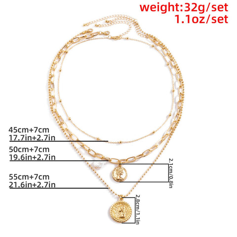 DIEZI Multilayer Baroque Pearl Chain Necklace Fashion Vintage Human Head Carved Coin Pendant Necklaces Women Statement Jewelry